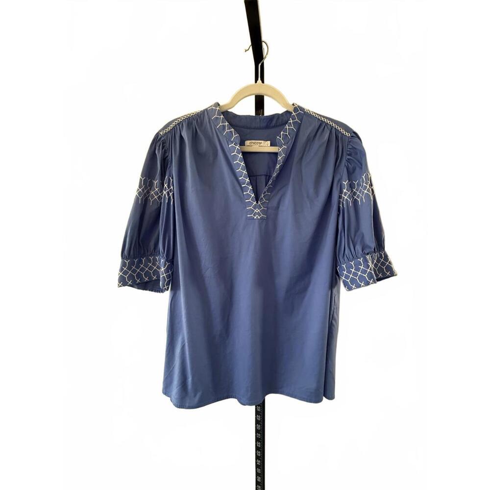 Chico's Blue Embroidered Puff Sleeve Blouse (Size 2)US 12